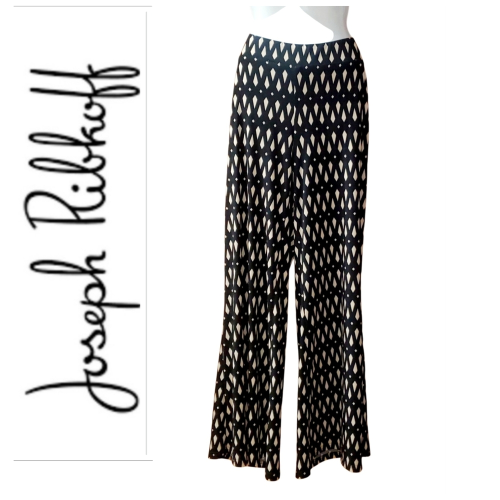 Joseph Ribkoff Black and Light Gold Wide Leg Patterned Pants.